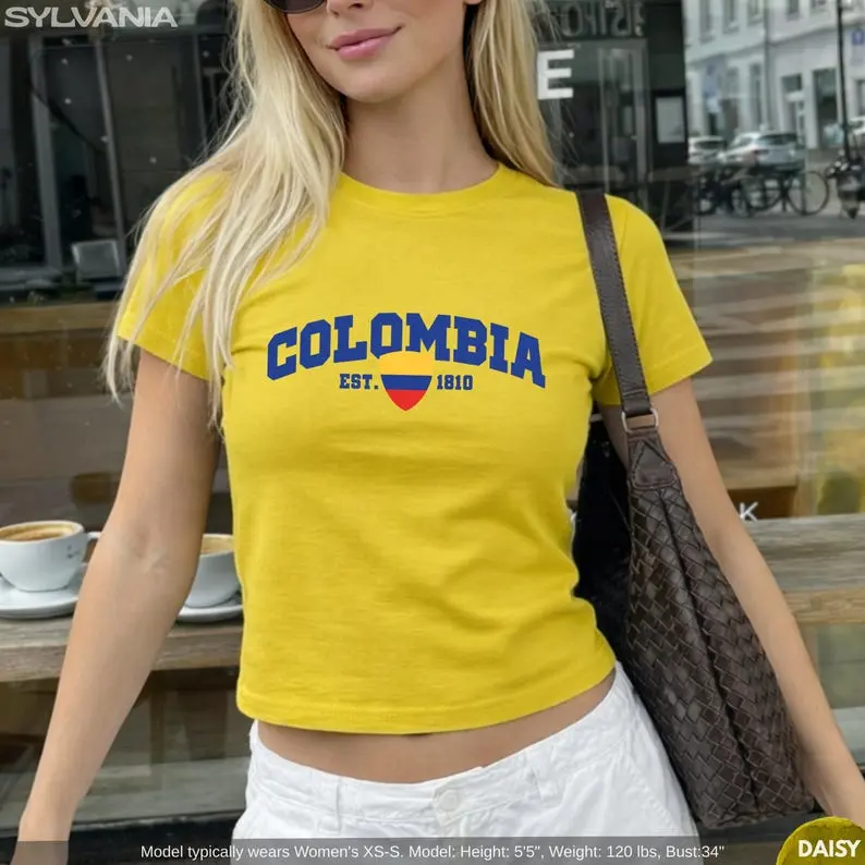 Colombia Pride Baby Tee, Colombian Heritage Graphic Top, Women's Soccer Fan Crop Shirt