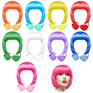 9 count Colorful Short Bob Wig and 9 count Sunglass Set Neon Colored Wigs  Wigs Daily Party Hairpieces for Bachelorette Glow in The Dark Neon Party Favors Halloween Costume Supplies