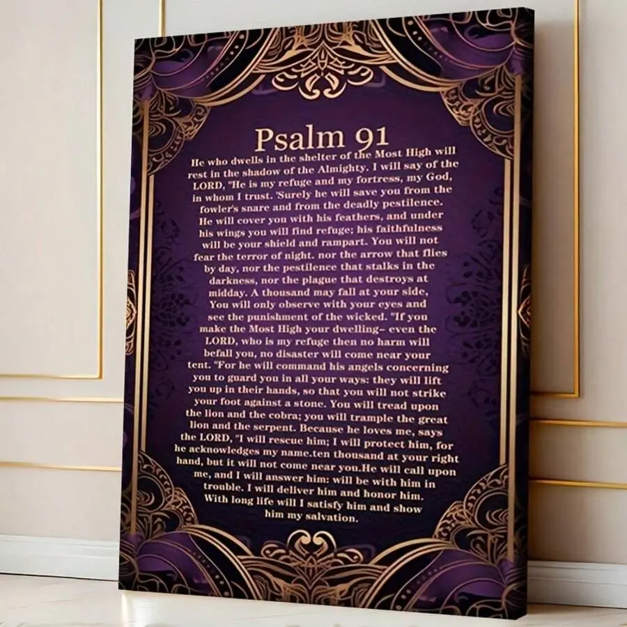 1pc Extra Large Canvas Wall Art Decor - Art Deco Psalm 91 Bible Verse Print, 8x12in/24x36in Purple & Gold Ornate Religious Design with Pine Wood Accents, Ready-To-Hang Contemporary Christian Quote for Living Room, Kid Room, Balcony, Wardrobe Home Decor, C