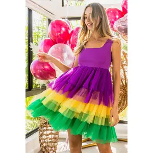 BiBi Mardi Gras Color Block Layered Mesh Tiered Dress
