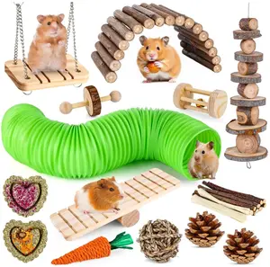 Hamster Chewing Toy Set Natural Wood Guinea Pig Toys Small Animal Accessories for Chinchillas Gerbils Rats Rabbit Rodents Teeth Care Apple Wood Timothy Hay Mouse Toy Swing Seesaw Bridge