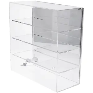 Plymor Clear Acrylic Locking Display Case with Sliding Back, 3 Shelves (Mirrored), 16.5" H x 16.25" W x 7" D