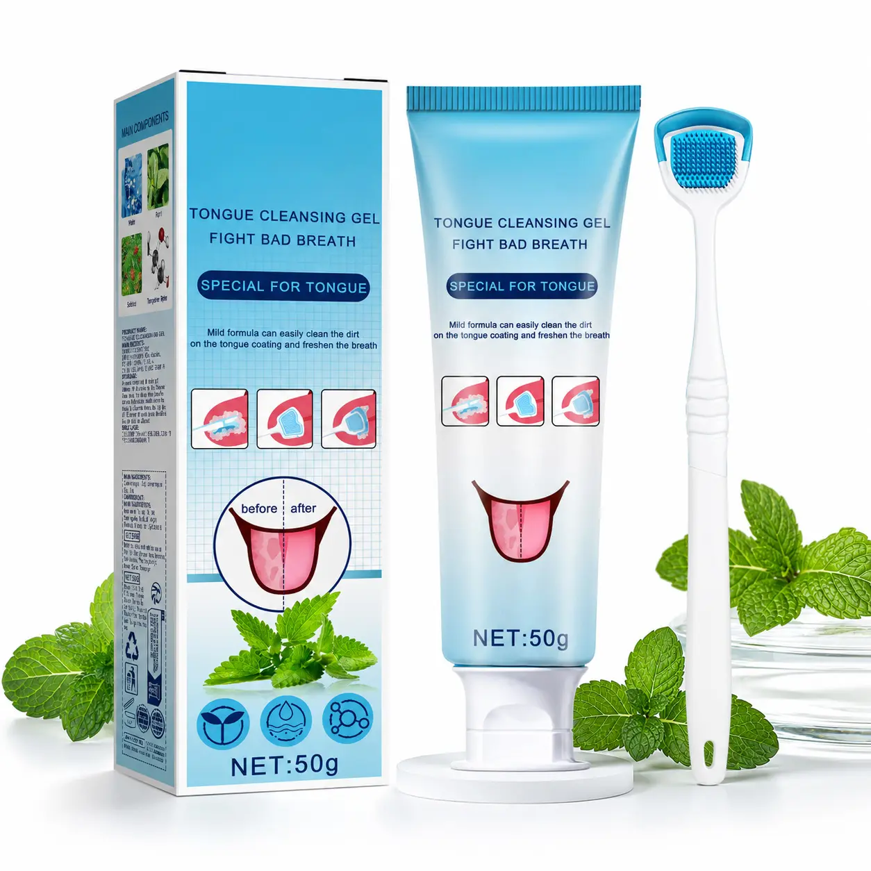 Tongue Cleaning Gel with Brush - Tongue Scraper Kit for Deep Oral Care, Bad Breath Control, Instant Minty Fresh Breath