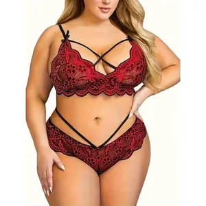Plus Size Sexy Lace Cross Strap Embroidered Sexy Bra Set Womenswear Fabric