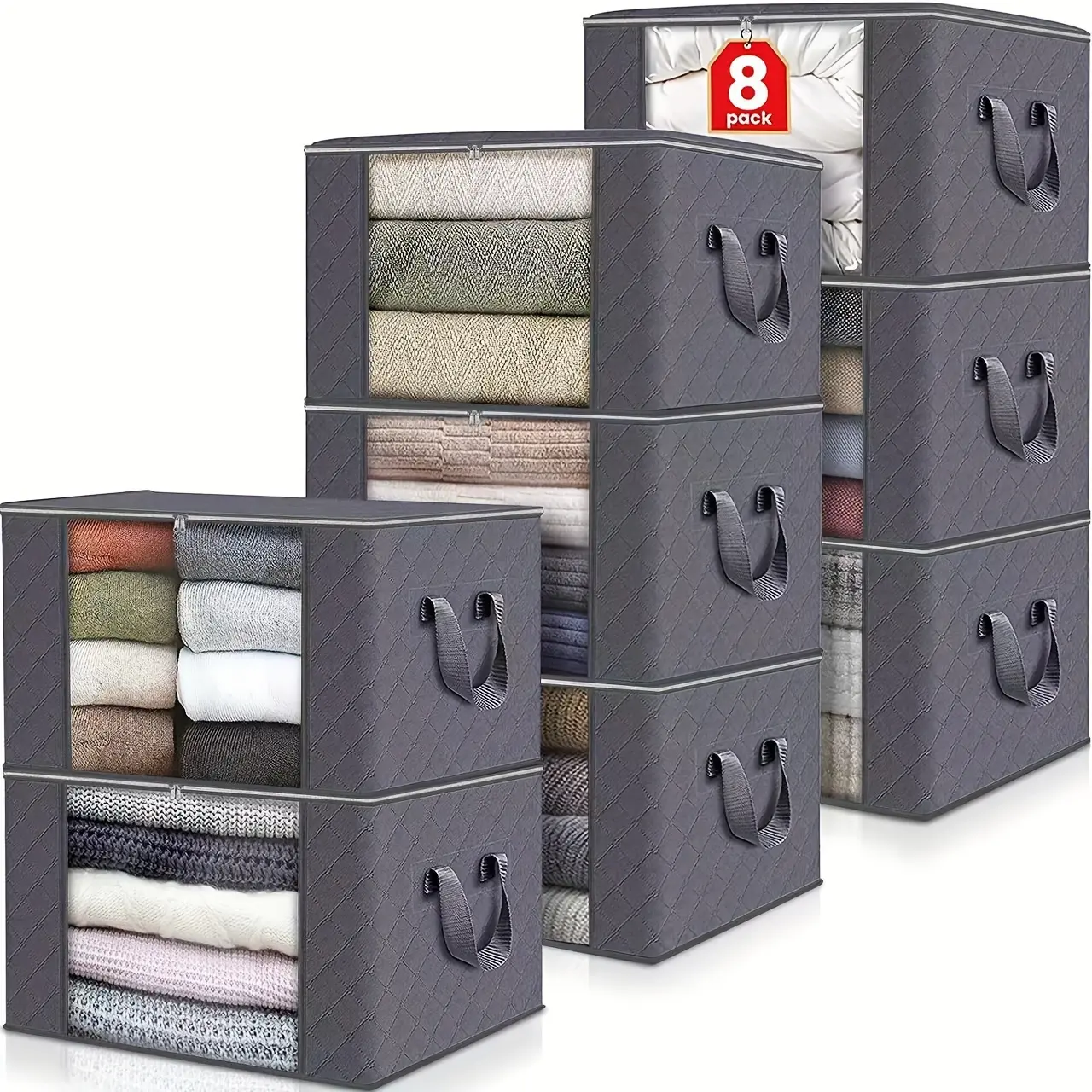 3-Pack Rectangle Large Capacity Foldable Fabric Storage Box, Contemporary Style, Moisture Proof, Ventilation, Transparent Window, Double Zipper, Reinforced Handle, Multipurpose, with Suitable for Bedroom, Dormitory, Wardrobe Finishing Storage