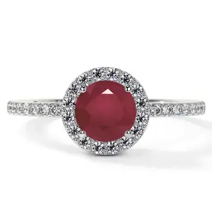 Classic Round Ruby Halo Ring with Prong Set Diamonds (1.35cttw)- RRB001-6X6-A