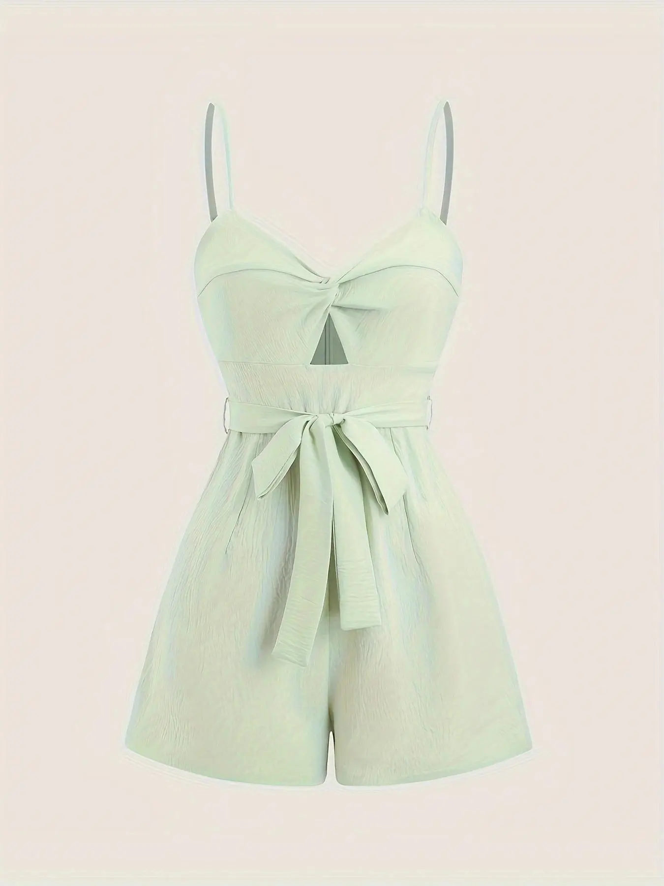 Women's Elegant Basic Minimalist Slim-Fitting Sleeveless Spaghetti Strap Day Chic Romper with Front Knot Design and Belt, Casual Plain Color Jumpsuit for All Seasons, Womenswear Perfect for Daily Wear