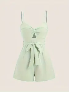 Women's Elegant Slim-Fitting Sleeveless Romper with Front Knot Design and Belt, Casual Plain Color Jumpsuit for All Seasons, Perfect for Daily Wear