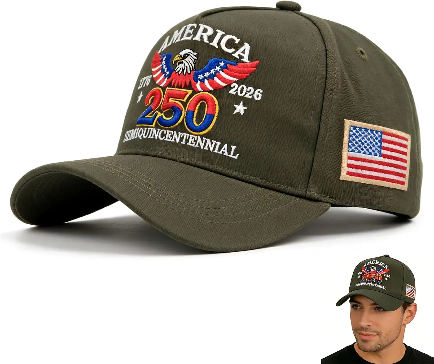 250th Anniversary USA Hat, Adjustable Embroidered Patriotic Retro Washed Baseball Caps