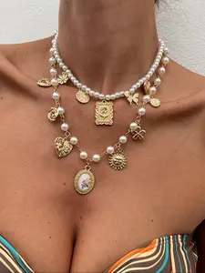 Trendy Vintage Liquid Rose Heart Sunflower Pendant Necklace, Faux Pearl Beaded French Choker, Summer Essential Gift Choice