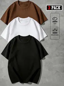 Men's 3 Piece Basic T-Shirt Set, Solid Color, Street Style Streetwear Casual Wear, Short Sleeve Loose Fit, Retro Fashion, Breathable