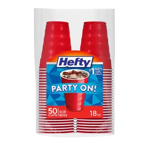 Hefty Party On Disposable Plastic Party Cups, 50 Count, 18 Oz Red Cups for Parties, Tailgates, Birthdays, Holidays, and More, Contoured Shape for Easy Gripping, Strong and Durable