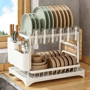 Large Capacity 2-Layer Dish Rack with Drain Plate, Double Dish Rack, Countertop Dish Rack, Removable for Kitchen Counter Organizer over Sink, White - Ideal for storing plates, bowls, cups and cutlery, Dish Drain Rack