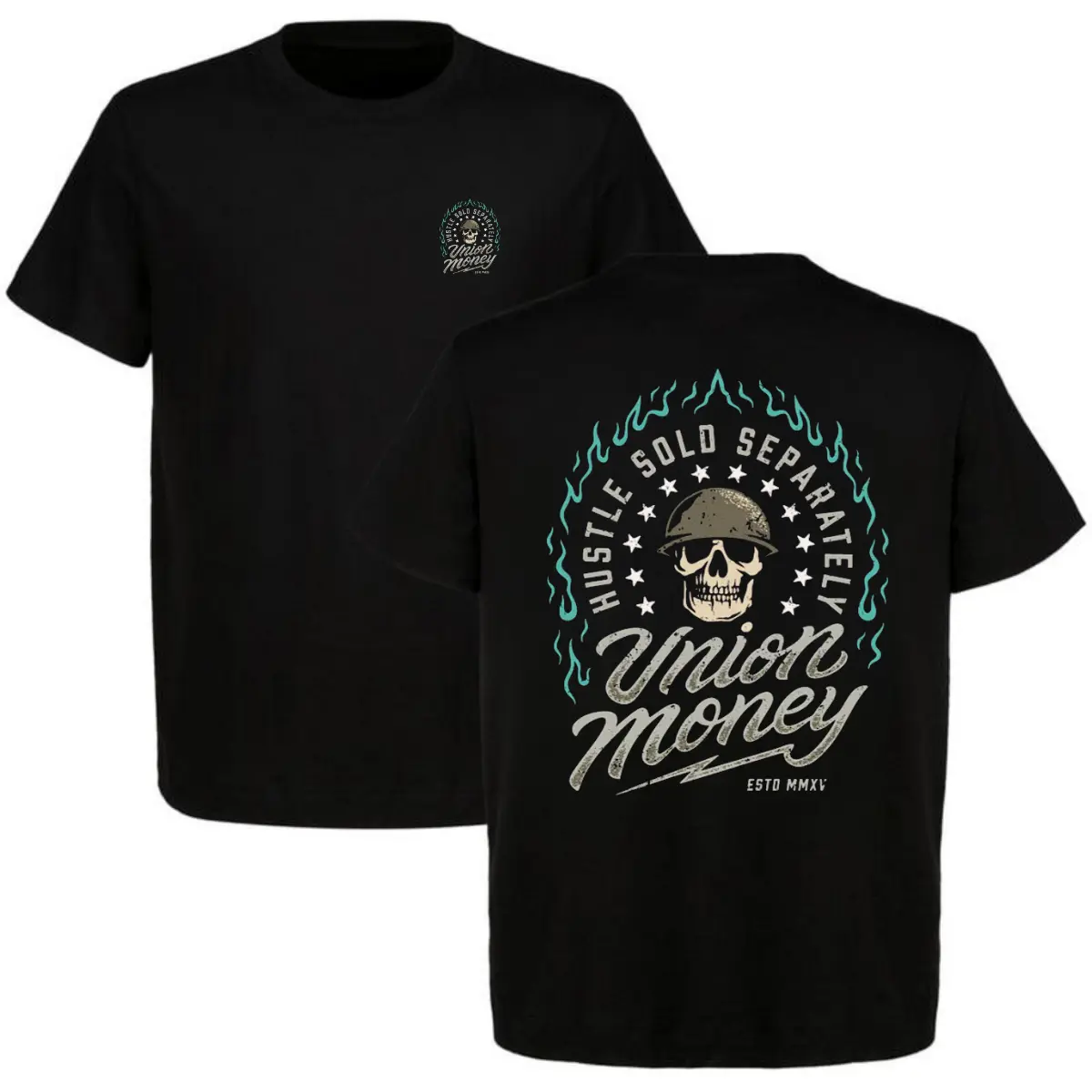 Hustle Sold Separately Skull Fire Graphic T-Shirt | Army Helmet Flame Print Script Font Top | Union Money Vintage Hardcore Blue Collar Worker Mens Heavyweight Apparel Style