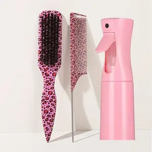 3pcs/set Leopard Print Brushes, Smoothing & Frizz-Controlled Design, Perfect for Sleek Ponytails & Edge Hair Care, 200ML Spray Bottle