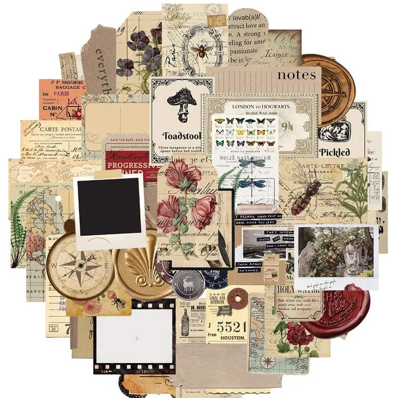 Vintage Sticker, 50pcs/set Retro Waterproof Vinyl Decals, Scrapbook, Scrapbooking & Journal Making Material, DIY Decorative Sticker for Stationery Computer Water Bottle