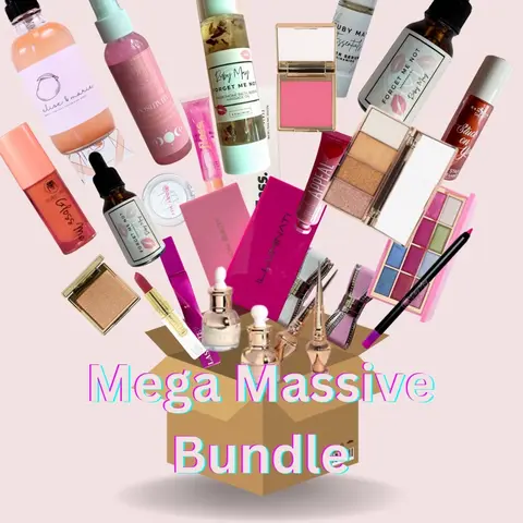 Ruby May Inc. Mega Makeup Box Bundle - Multi-Item Cosmetic Set with Brush, Eyeshadow Palettes, Mascara, Setting Product, Lip Care, Lipgloss, Blush, Moisturizer, Cream, Face Masks, Mica Powder, Hair Masks, Skin Serums, Dimethicone for Daily Beauty Routines