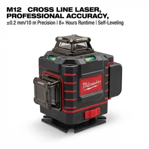Milwaukee M12 12V Cross Line Laser Level for Professional Layout with 8 Hour Runtime and 15cm Compact Design High Precision Self Leveling Vertical Horizontal Measuring Tool for Interior Finishing and Construction Work