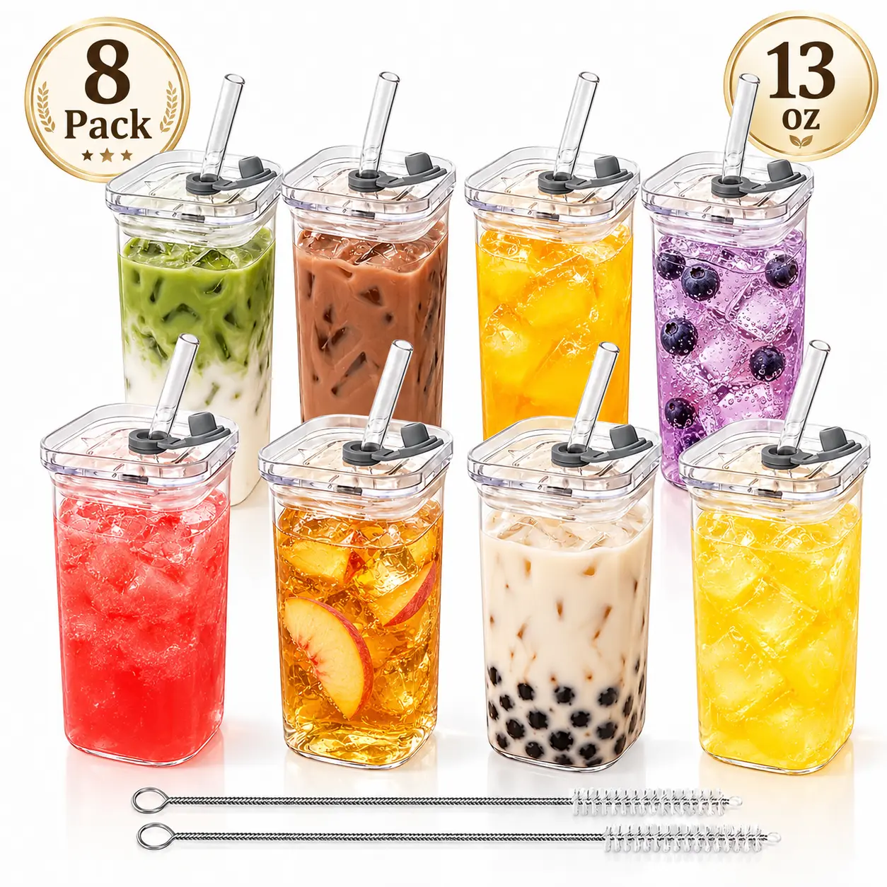 4/8-Pack 13 oz Square Glass Cups with Lids and Reusable Straws, Ideal for Iced Coffee, Milk Tea, Boba Tea, Juice and Other Cold Drinks, Glass Drinkware Set with Cleaning Brushes Included, Perfect for Home, Office, School and Outdoor Use.