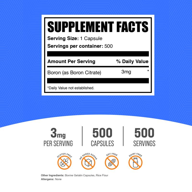 BulkSupplements.com Boron Citrate Capsules - 3mg per Serving, Gluten-Free (500 Capsules - 500 Servings)