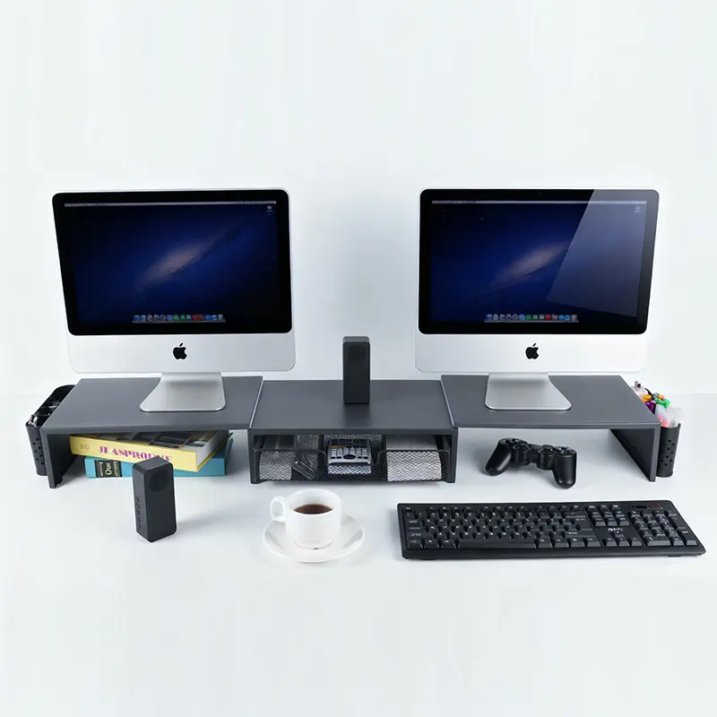 Height Adjustable Monitor Stand Riser with Metal Drawer, Desktop Storage Organizer, Sturdy Desk Support Rack for Office Supplies and Accessories, Office Accessories, Office Furniture, Ergonomic Office
