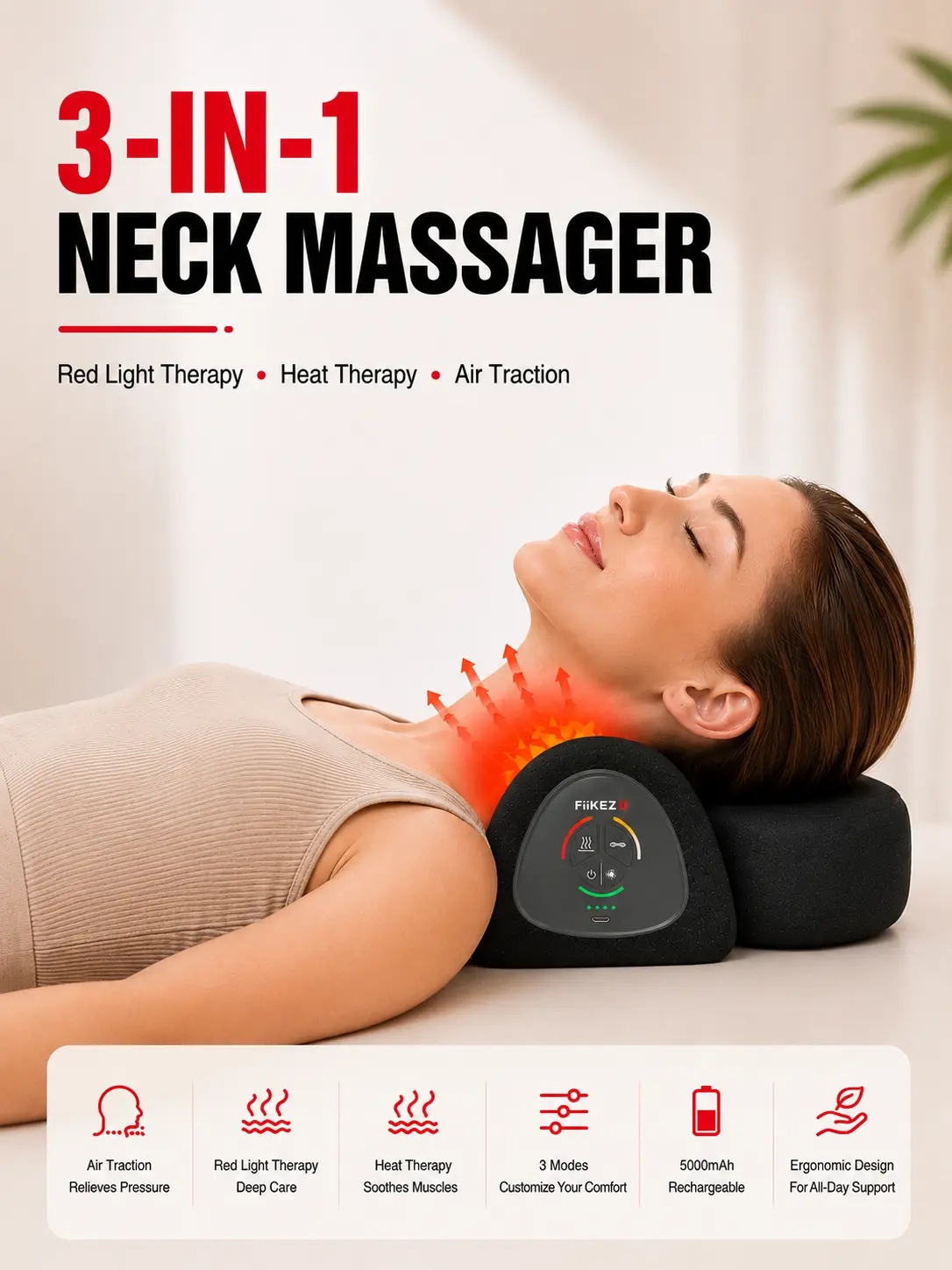 FliKEZE 3-in-1 Heated Red Light Airbag Neck Pillow - Airbag Traction, Red Light Stimulation, Heating - Travel & Office Fatigue Relief, Easy-Store, Neck Pain & Soreness Alleviation