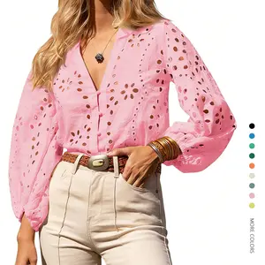 Danedvi Women's Deep V-Neck Eyelet Blouse, 3/4 Balloon Sleeve Cotton Button-Down Top, Dressy Casual Women's Shirt for Leggings Pairing