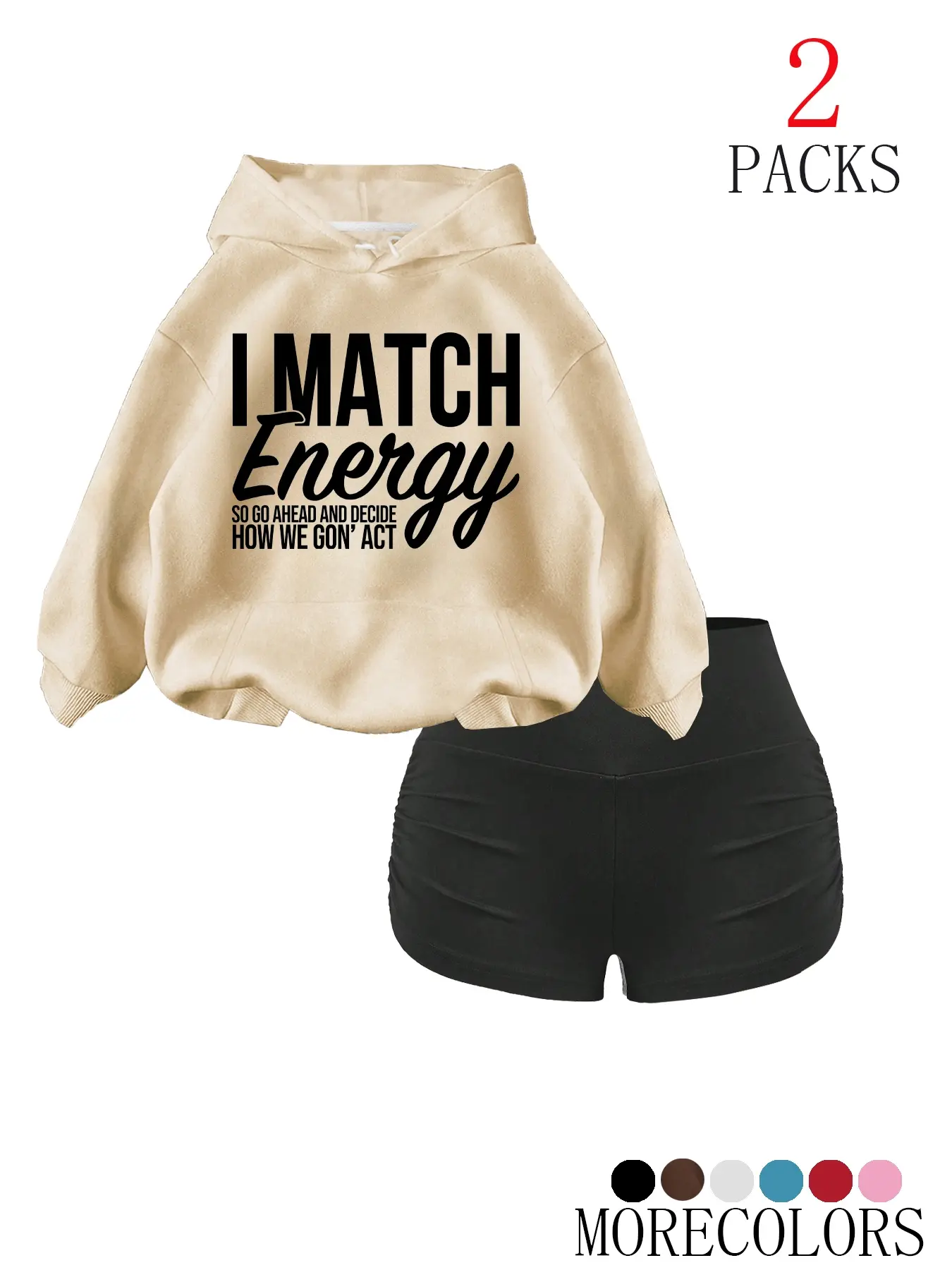 Women's Fall Winter Hooded Sweatshirt Set, Shorts, Casual Fashion Letter Print Pullover with Drawstring, Pocket Design, 2 Piece