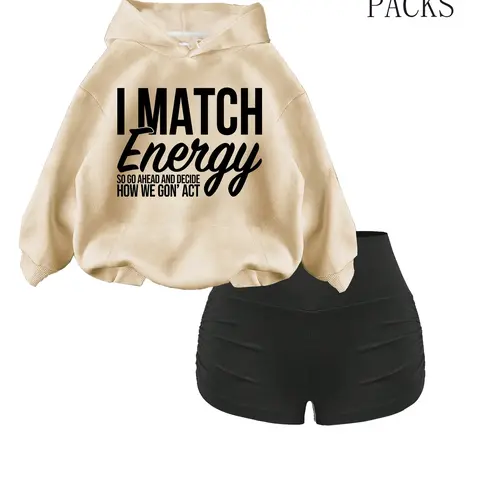 Women's Fall Winter Hooded Sweatshirt Set, Loose Sweatshirts, Casual Fashion Letter Print Pullover with Drawstring, Pocket Design, 2 Piece