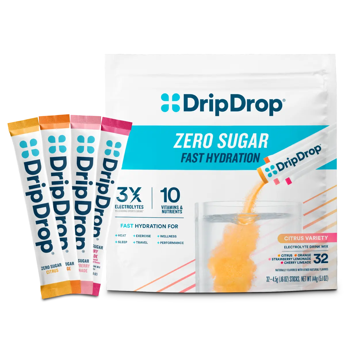 DripDrop Zero Sugar Citrus Variety Pack Electrolyte Powder, 8 oz sticks, 32 count DripDrop Zero Sugar Citrus Variety Pack Electrolyte Powder, 8 oz sticks, 32 count