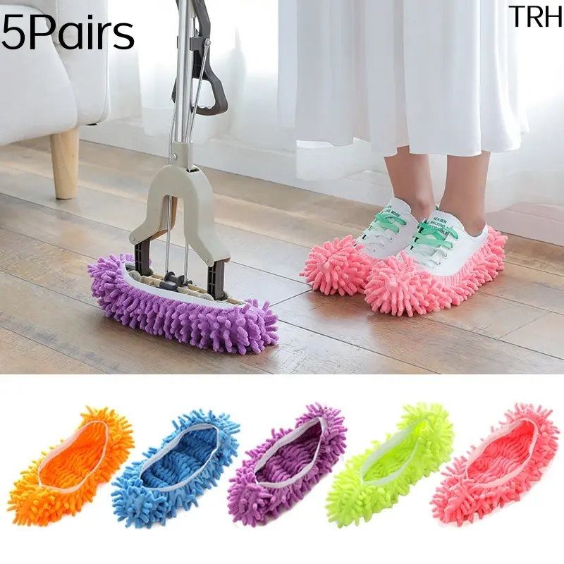 Slip-On Chenille Mop Shoe Covers, Reusable Washable Elastic Slipper Socks for Home Floor Cleaning