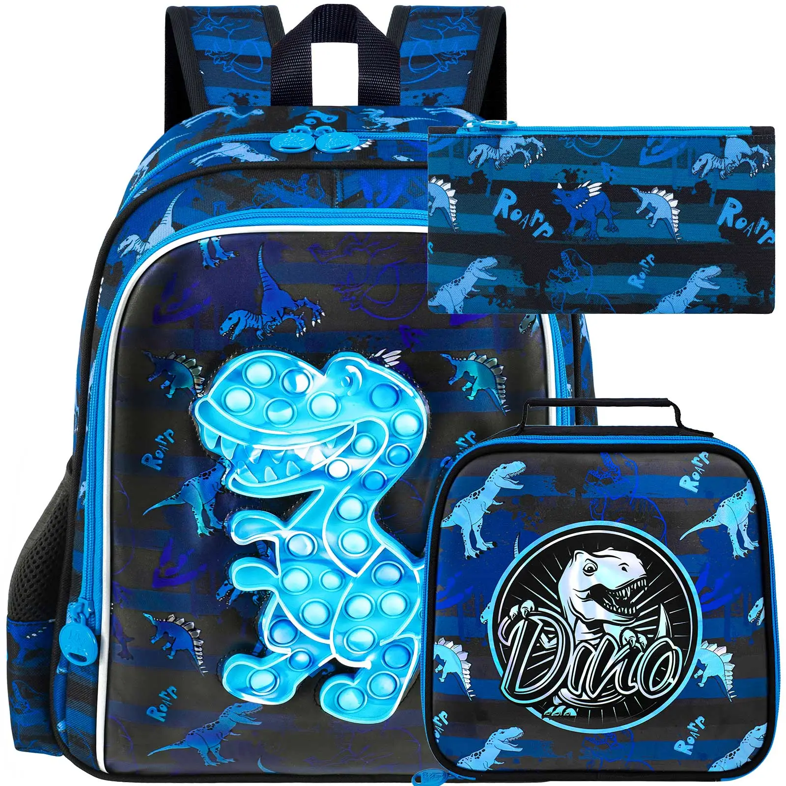 3PCS Boys Dinosaur Backpack, 16" Kids Bookbag with Lunch Box, Water Resistant School Bag for Elementary Prechool Toddler