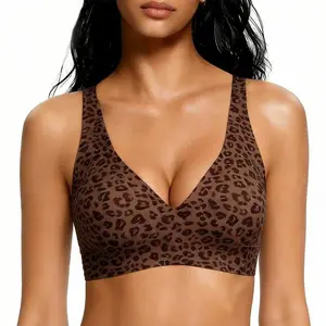 HULILY Wireless No Underwire Leopard Print Jelly Bra Everyday Comfort Push Up Seamless T-Shirt Bra with Minimizer & Adjustable Straps Fit Minimalist Fabric Womenswear Soft Fit Smooth Yarn Basic Lady Underwear