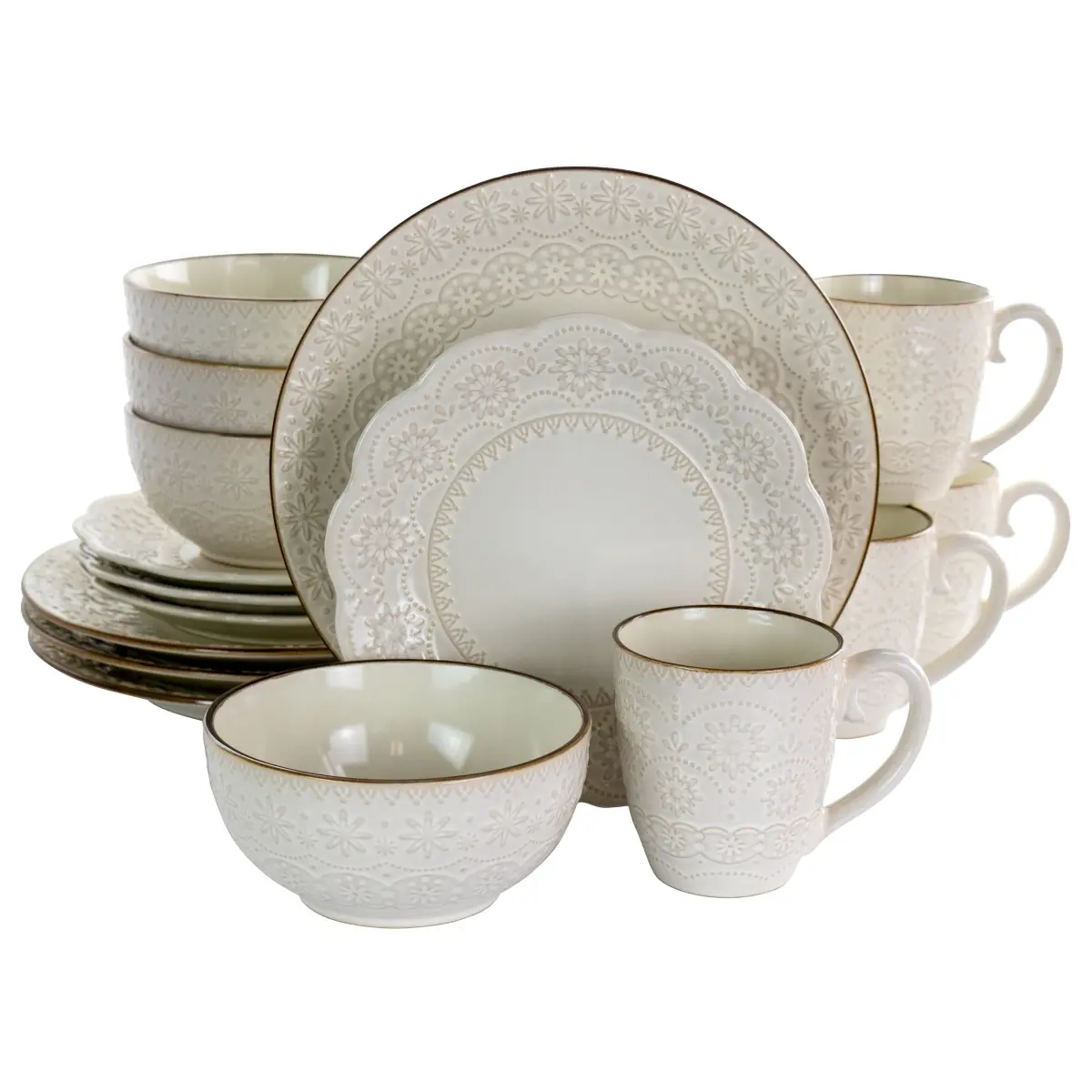 Elama 16-Piece Countess Embossed Double Bowl Stoneware Dinnerware Set, Ivory - Scalloped, Everyday Use, Dinner Plate Included, Dishwasher Safe