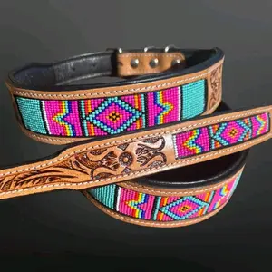 Pink and Turquoise Beaded Leather Collar