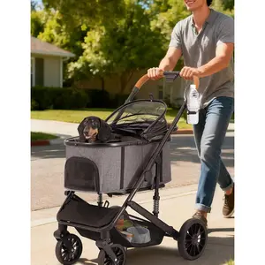 Dog Stroller for Small Medium Dogs Up to 60lbs, 4 Wheels Folding Pet Stroller with Detachable Carrier, Pet Travel Carrier for 2 Dogs & Cats, Storage Basket, Breathable, Grey
