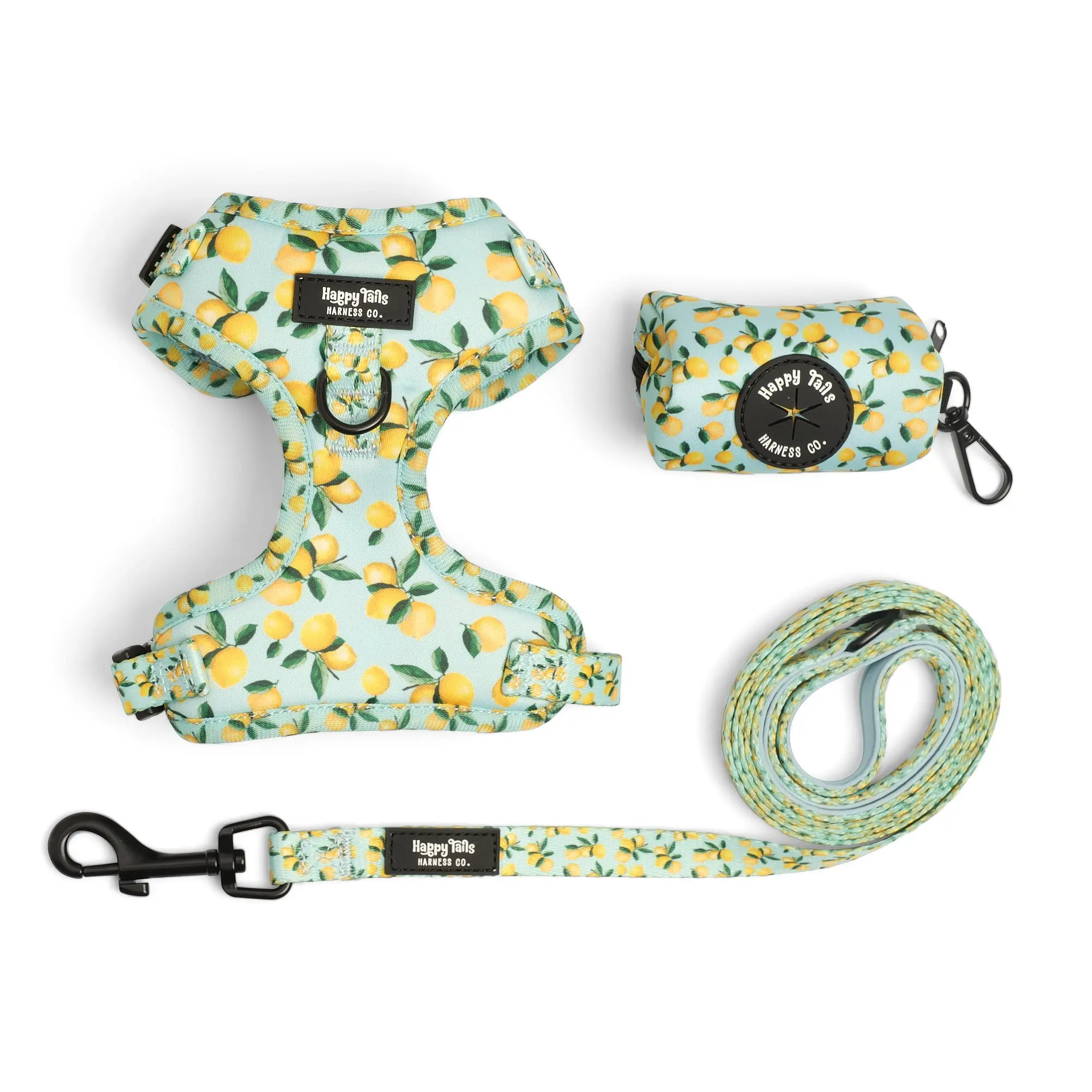 Happy Tails Lemon Drop Dog Walking Set - Adjustable Harness, Leash, & Poop Bag Holder for Dogs - Lemon Print