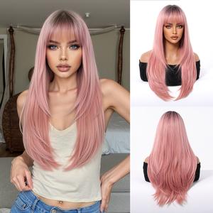 Wiglassic Layered Straight Wig With Bangs 24inch Straight Pink Wig 24IN Synthetic Heat Resistant Fiber Wig for Beginners Daily wigs Wig for Party&Cosplay