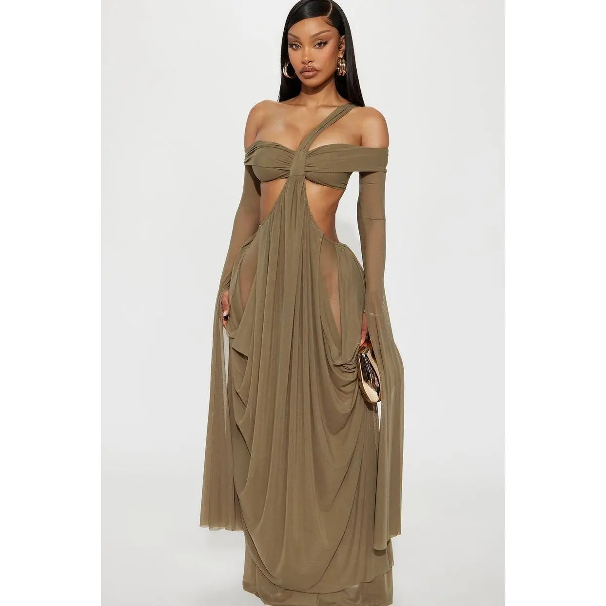 Lady's Basic Pleated Mesh Maxi Length Dress - Off-Shoulder Bodycon Gown with Full Sleeves, Side Cutout, Drape Detail, Nylon Spandex Fabric, All Seasons (Women's Casual Clothes, Imported), Longsleeves