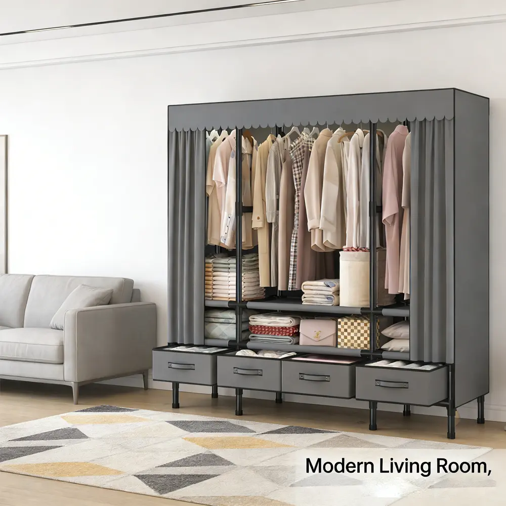 Heavy-duty reinforced metal tube frame freestanding fabric closet wardrobe organizer with 3 extra-long full-length hanging rods, multi-tier open layered storage shelves, 4 large pull-out fabric storage drawers, and a scalloped dustproof gray curtain cover