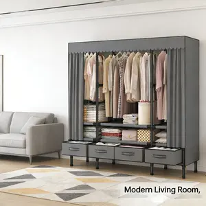 Heavy-duty reinforced metal tube frame freestanding fabric closet wardrobe organizer with 3 extra-long full-length hanging rods, multi-tier open layered storage shelves, 4 large pull-out fabric storage drawers, and a scalloped dustproof gray curtain cover