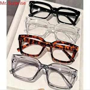 Blue Light Blocking Glasses, 4-Piece Square Frames with Flat Lenses and Full Transparent Sides, High-Style Spring Hinge Eyewear for Casual & Office Wear, Blue Light Glasses