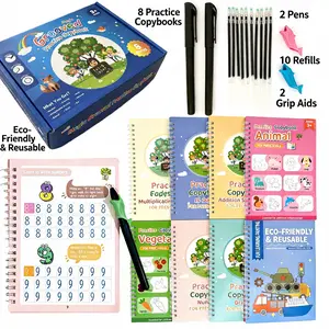 8 PCS Kids Reusable Groove Tracing Copybook Set - Preschool Learning Materials, Teaching Supplies, Handwriting Learning Picture Books with Magic Disappearing Pen, Pre-Printed Prompts Picture Books Covering Alphabet, Number, Math Themes for Toddlers