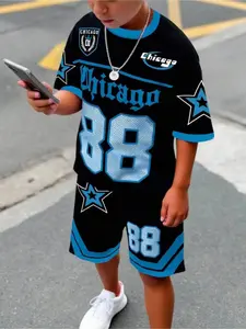 Boys Blue Flame Gradient Set, Summer Cool Flame Printed Short Sleeve Shorts Two-Piece Set, Casual Fitted for Kids, Graphic Print Set