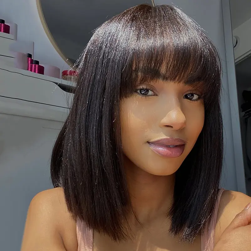 4x4 Lace Natural Color with Bangs Straight Short Bob Human Hair 180% Density Natural Black Bob Wig Ready to Wear and Go Wigs for Women Beginner Friendly