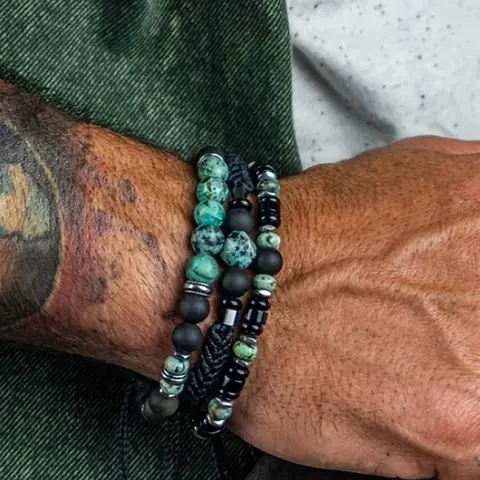 Men's Handmade Beaded High Quality Bracelet Set, Turquoise & Agate Elastic Stackable Boho Style, Casual Holiday Gift Party Accessory