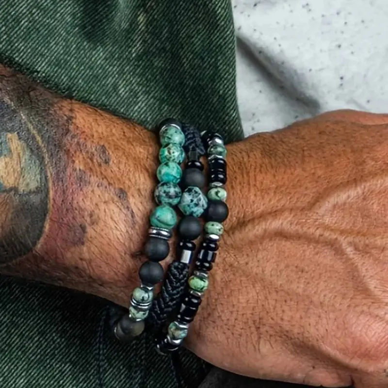 Men's Handmade Beaded High Quality Bracelet Set, Turquoise & Agate Elastic Stackable Boho Style, Casual Holiday Gift Party Accessory