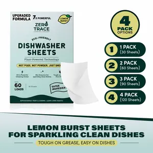 Zero Trace Dishwasher Detergent Sheets, Lemon Burst, Plant-Based Eco-Friendly Dish Washing Sheets, Plastic-Free, Biodegradable, Grease-Cutting Dishwasher Cleaner, 38 Sheets Household Not Powder