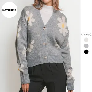 KatchMe Women's Trendy V Neck Daisy Print Long Sleeve Cardigan,Printed Outerwear for Women,Womenswear Galentine Ideas Gift,Fall & Winter Knitwear