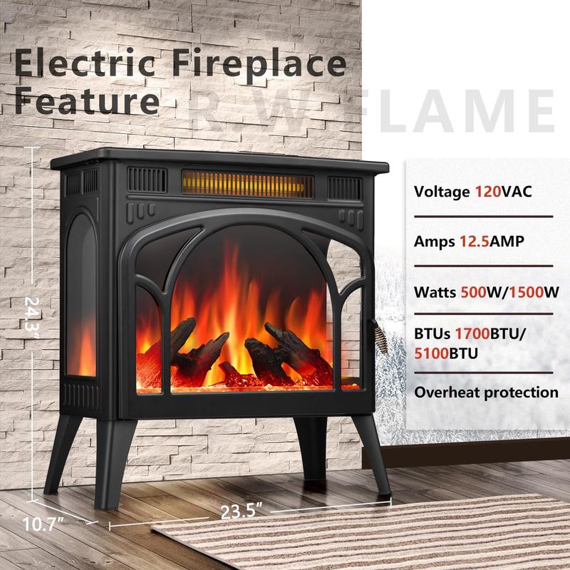 R.W.FLAME Electric Fireplace Heater 12 Flame Colors/ 4 Flame colors, 25"/ 17''Freestanding Infrared Stove, 5100BTU, 3D Realistic Flame Effects, Adjustable Brightness and Heating Mode, Overheating Safe Design, Remote, Timer, ETL Certified energy efficient